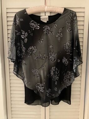 Vintage Odeon Silver Glitter Sheer Flowy Floral Top